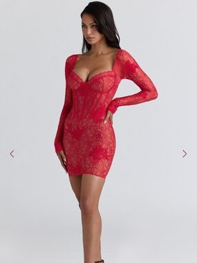 House Of CB Lucienne red lace embroidered mini dress
